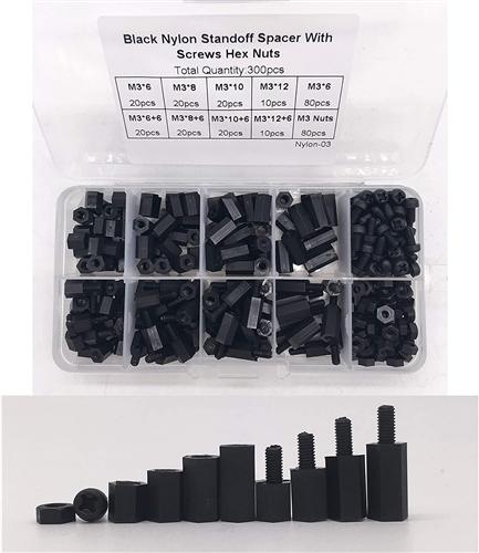 M3 Black Nylon Hex Screw Nut PCB Standoff Assortment Kit 300pcs [AXK206800131]
